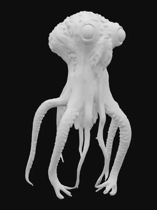 3D model for A strange monster with many sharp teeth. It's skin is jelly and octopus like with suction cups on it's fat body. It's many eyes are like a reptile and its legs like a frog. Epic pose. Photo Realistic. Ultra Realistic. Dark and Frightening. Worst fears come true. 