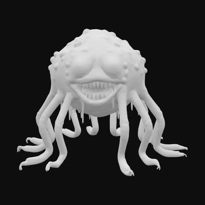 3D model for A strange monster with many sharp teeth. It's skin is jelly and octopus like with suction cups on it's fat body. It's many eyes are like a reptile and its legs like a frog. Epic pose. Photo Realistic. Ultra Realistic. Dark and Frightening. Worst fears come true. 