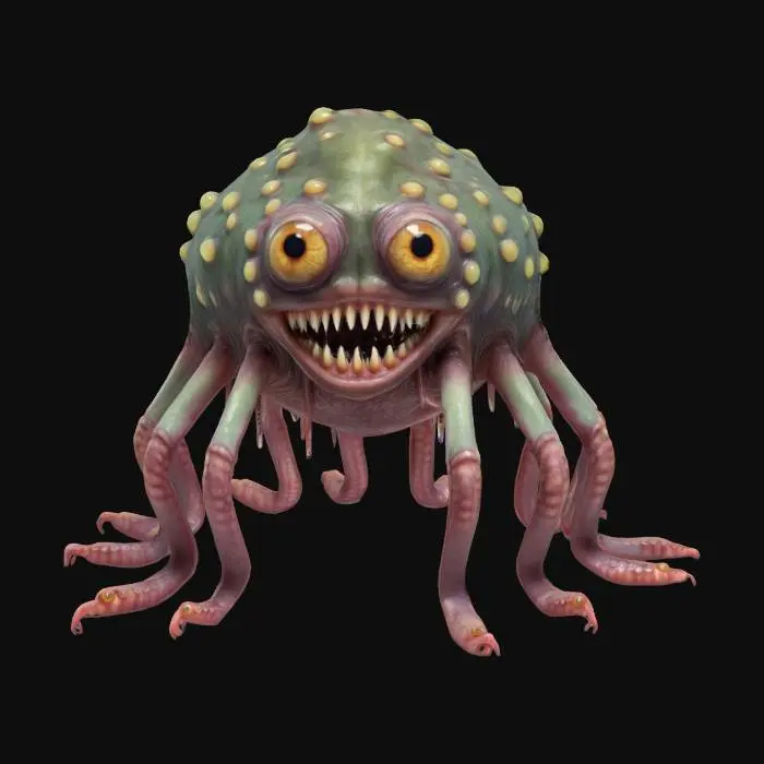 3D model for A strange monster with many sharp teeth. It's skin is jelly and octopus like with suction cups on it's fat body. It's many eyes are like a reptile and its legs like a frog. Epic pose. Photo Realistic. Ultra Realistic. Dark and Frightening. Worst fears come true. 