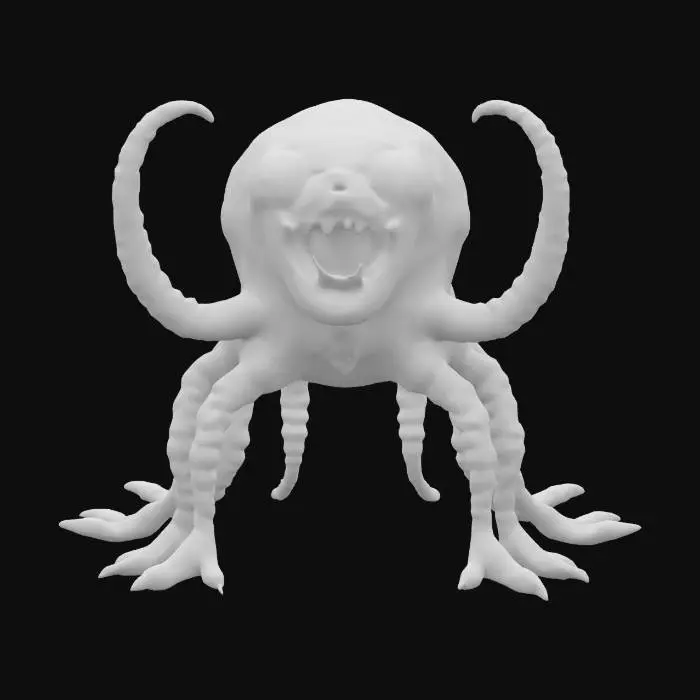 3D model for A strange monster with many sharp teeth. It's skin is jelly and octopus like with suction cups on it's fat body. It's many eyes are like a reptile and its legs like a frog. Epic pose. Photo Realistic. Ultra Realistic. Dark and Frightening. Worst fears come true. 
