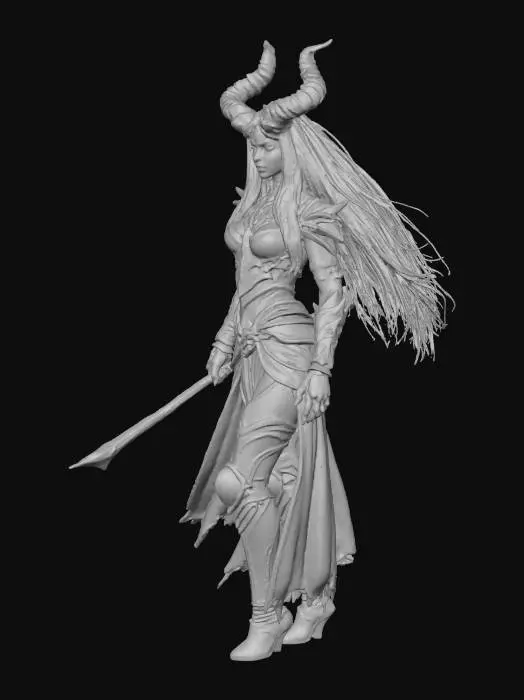 3D model for dark fantasy female demon warrior-sorceress, standing in an epic pose, long black flowing hair, elegant crimson horns, glowing red eyes, wearing detailed molten black and red armor with fiery runes, flames flowing through armor veins, one hand holding a blazing fire whip made of molten energy, the other channeling infernal magic, long tattered skirt with metal ornaments, armored boots on cracked volcanic ground glowing with lava, surrounded by embers and heat distortion, cinematic lighting, extremely detailed, high resolution texture, epic stance