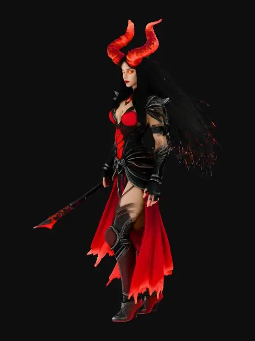 3D model for dark fantasy female demon warrior-sorceress, standing in an epic pose, long black flowing hair, elegant crimson horns, glowing red eyes, wearing detailed molten black and red armor with fiery runes, flames flowing through armor veins, one hand holding a blazing fire whip made of molten energy, the other channeling infernal magic, long tattered skirt with metal ornaments, armored boots on cracked volcanic ground glowing with lava, surrounded by embers and heat distortion, cinematic lighting, extremely detailed, high resolution texture, epic stance