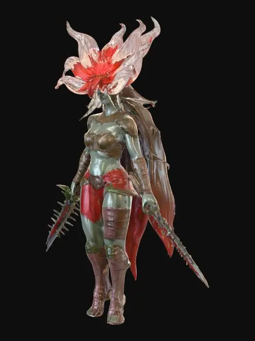 3D model for une femme chevalier avec une grande et belle fleur a épines a la place de la tete, sur le point de dégainer son epée de ronces