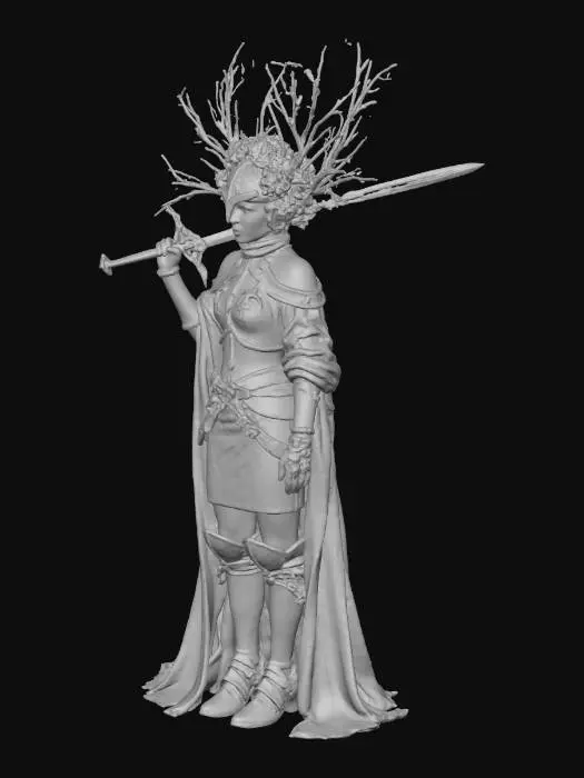 3D model for une femme chevalier avec une grande et belle fleur a épines a la place de la tete, sur le point de dégainer son epée de ronces