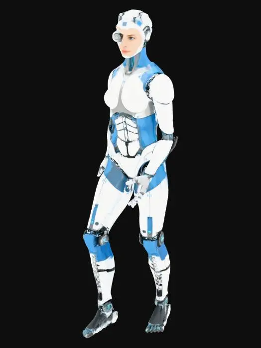 3D model for Une femme Android dans des tons plastique brillant blanc, gris et bleus avec des éléments électroniques implantés au niveau du crâne, un œil de type caméra orbitale et l'autre normal