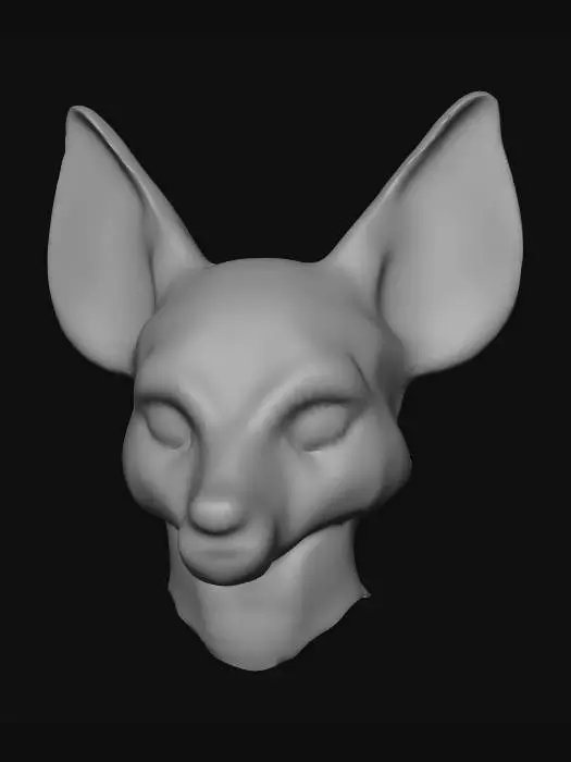 3D model for Create a detailed 3D model of a Egyptian man's face mask. The mask is inspired by the shape of the a black Jackal.  Large, thin, black ears with golden interiors, light blue features and golden decorations on the face. Highly textured, realistic style
