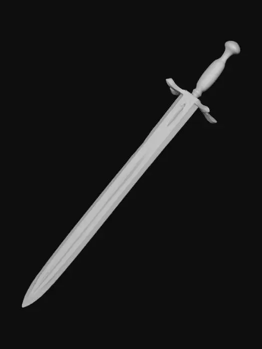 3D model for Une épée médiévale robuste et élégante, dotée d'une longue lame droite en acier poli, affichant une teinte gris métallique. La poignée, ergonomique, est enveloppée de cuir brun texturé pour une prise ferme, surmontée d'un pommeau rond ou en forme de roue. Une garde transversale simple protège la main, son métal reflétant une surface légèrement usée. L'ensemble présente une structure équilibrée et une apparence fonctionnelle.