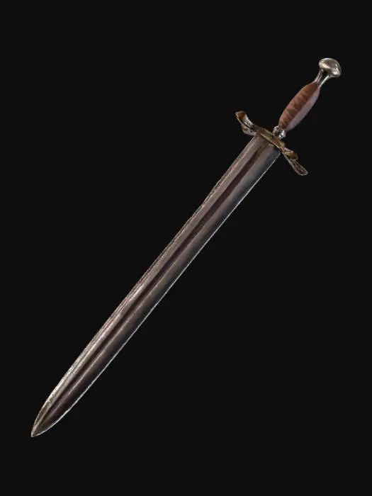 3D model for Une épée médiévale robuste et élégante, dotée d'une longue lame droite en acier poli, affichant une teinte gris métallique. La poignée, ergonomique, est enveloppée de cuir brun texturé pour une prise ferme, surmontée d'un pommeau rond ou en forme de roue. Une garde transversale simple protège la main, son métal reflétant une surface légèrement usée. L'ensemble présente une structure équilibrée et une apparence fonctionnelle.