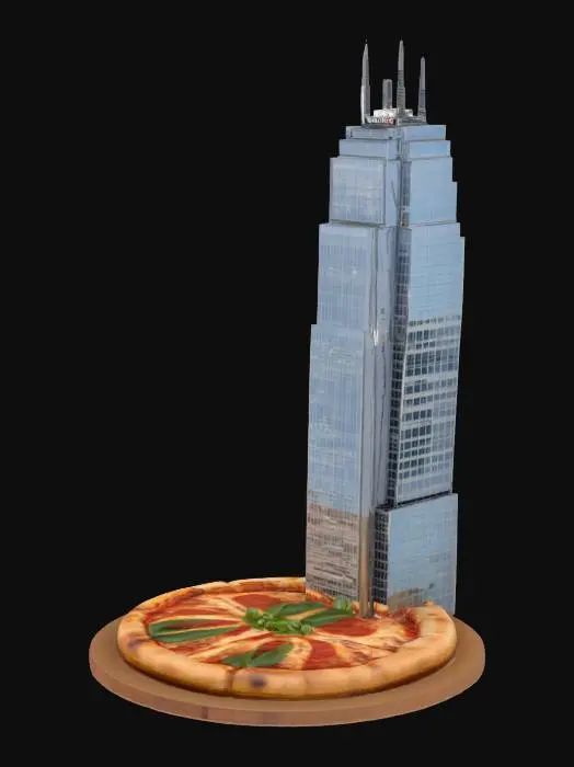3D model for willis tower with deep dish pizza on top