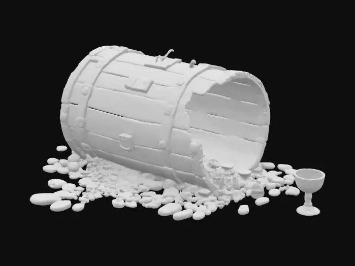 3D model for An old broken pirate barrel resting on the seabed, partially buried in sand and surrounded by small rocks and seaweed. The wooden planks are cracked and waterlogged, held together by rusty iron bands. The barrel is split open on one side, revealing glittering pirate treasure spilling out: gold coins, ornate rings, a silver goblet, and a string of pearls. Small fish swim nearby, and tiny air bubbles rise from the barrel. Covered in patches of algae and coral growth. Underwater lighting, soft blue tones, realistic texture detail, fantasy adventure style., #ocean#