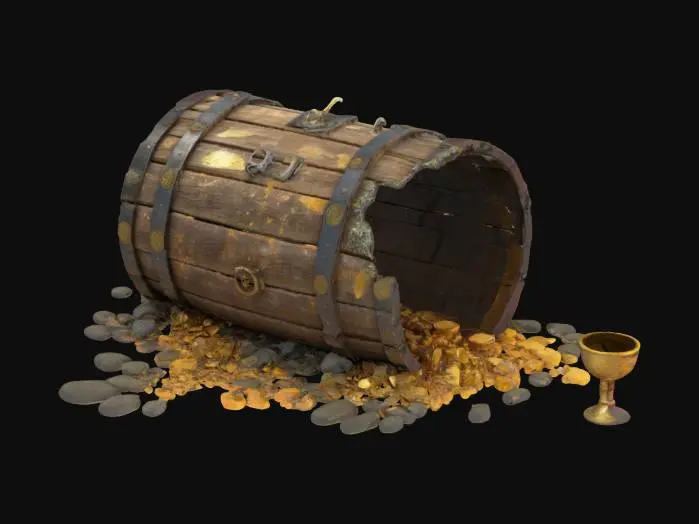 3D model for An old broken pirate barrel resting on the seabed, partially buried in sand and surrounded by small rocks and seaweed. The wooden planks are cracked and waterlogged, held together by rusty iron bands. The barrel is split open on one side, revealing glittering pirate treasure spilling out: gold coins, ornate rings, a silver goblet, and a string of pearls. Small fish swim nearby, and tiny air bubbles rise from the barrel. Covered in patches of algae and coral growth. Underwater lighting, soft blue tones, realistic texture detail, fantasy adventure style., #ocean#