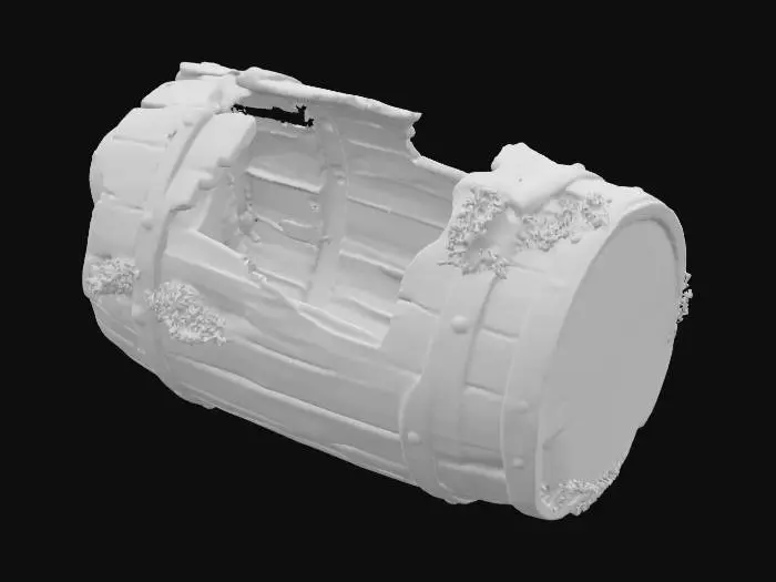 3D model for An old broken pirate barrel resting on the seabed, partially buried in sand and surrounded by small rocks and seaweed. The wooden planks are cracked and waterlogged, held together by rusty iron bands. The barrel is split open on one side, revealing glittering pirate treasure spilling out: gold coins, ornate rings, a silver goblet, and a string of pearls. Small fish swim nearby, and tiny air bubbles rise from the barrel. Covered in patches of algae and coral growth. Underwater lighting, soft blue tones, realistic texture detail, fantasy adventure style., #ocean#