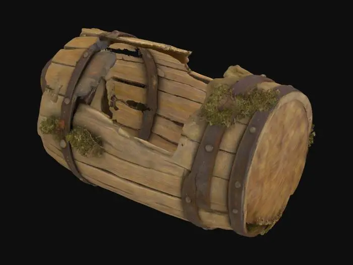 3D model for An old broken pirate barrel resting on the seabed, partially buried in sand and surrounded by small rocks and seaweed. The wooden planks are cracked and waterlogged, held together by rusty iron bands. The barrel is split open on one side, revealing glittering pirate treasure spilling out: gold coins, ornate rings, a silver goblet, and a string of pearls. Small fish swim nearby, and tiny air bubbles rise from the barrel. Covered in patches of algae and coral growth. Underwater lighting, soft blue tones, realistic texture detail, fantasy adventure style., #ocean#