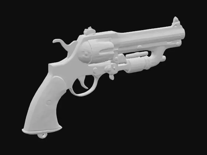 3D model for Sci-fi pistol with a vintage medieval steampunk design, combining steel and copper elements. The main body is crafted from polished steel, with visible rough copper tubing and mechanical joints. The grip features engraved medieval motifs and vintage screws, adding a handcrafted aesthetic. The surface alternates between smooth polished metal and worn rough textures, showing signs of use. Includes intricate valves, rivets, and gears with glowing sci-fi accents. Ultra realistic and highly detailed, built to reflect a hybrid of future tech and antique craftsmanship.