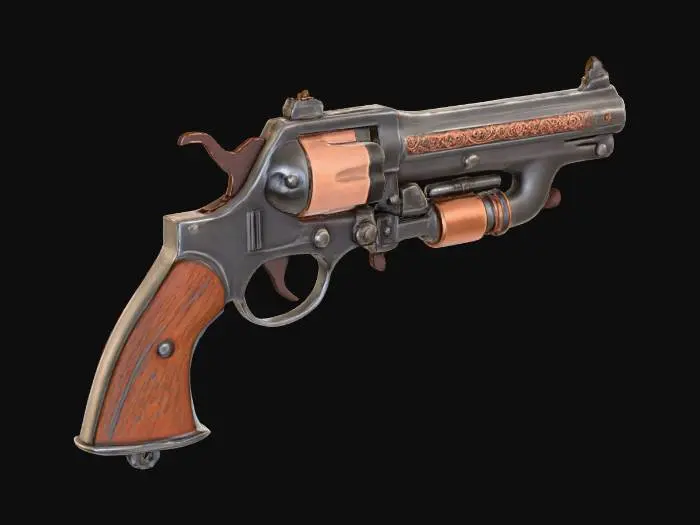 3D model for Sci-fi pistol with a vintage medieval steampunk design, combining steel and copper elements. The main body is crafted from polished steel, with visible rough copper tubing and mechanical joints. The grip features engraved medieval motifs and vintage screws, adding a handcrafted aesthetic. The surface alternates between smooth polished metal and worn rough textures, showing signs of use. Includes intricate valves, rivets, and gears with glowing sci-fi accents. Ultra realistic and highly detailed, built to reflect a hybrid of future tech and antique craftsmanship.