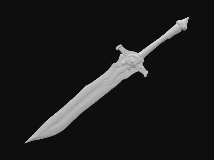 3D model for A massive medieval fantasy sword with a polished steel blade, ornate golden crossguard engraved with sacred patterns, black leather-wrapped handle, subtle wear and tear marks, intricate carvings, ultra realistic PBR textures.