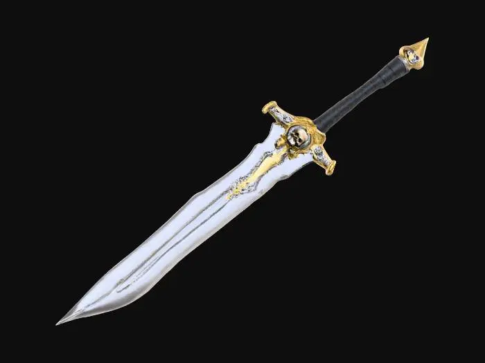 3D model for A massive medieval fantasy sword with a polished steel blade, ornate golden crossguard engraved with sacred patterns, black leather-wrapped handle, subtle wear and tear marks, intricate carvings, ultra realistic PBR textures.