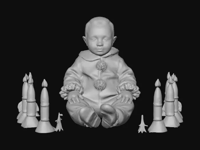 3D model for Photorealistic 3D render of Vladimir Putin as a baby dressed, in tiny clown clothes, sitting in the center of the scene. His outfit is colorful, frilled, and slightly oversized, but his expression is oddly stern and authoritarian. Surrounding him are miniature toy-like nuclear missiles arranged in a circle, glowing faintly as if ready to launch. The contrast is absurd and parodic: an innocent baby in clown attire depicted as a ruthless tyrant. Ultra-detailed textures: soft baby skin, shiny clown fabrics, polished metal surfaces of the missiles. Dramatic cinematic lighting, humorous yet unsettling atmosphere. , #villain#