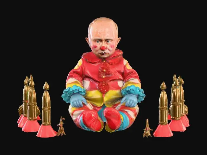 3D model for Photorealistic 3D render of Vladimir Putin as a baby dressed, in tiny clown clothes, sitting in the center of the scene. His outfit is colorful, frilled, and slightly oversized, but his expression is oddly stern and authoritarian. Surrounding him are miniature toy-like nuclear missiles arranged in a circle, glowing faintly as if ready to launch. The contrast is absurd and parodic: an innocent baby in clown attire depicted as a ruthless tyrant. Ultra-detailed textures: soft baby skin, shiny clown fabrics, polished metal surfaces of the missiles. Dramatic cinematic lighting, humorous yet unsettling atmosphere. , #villain#