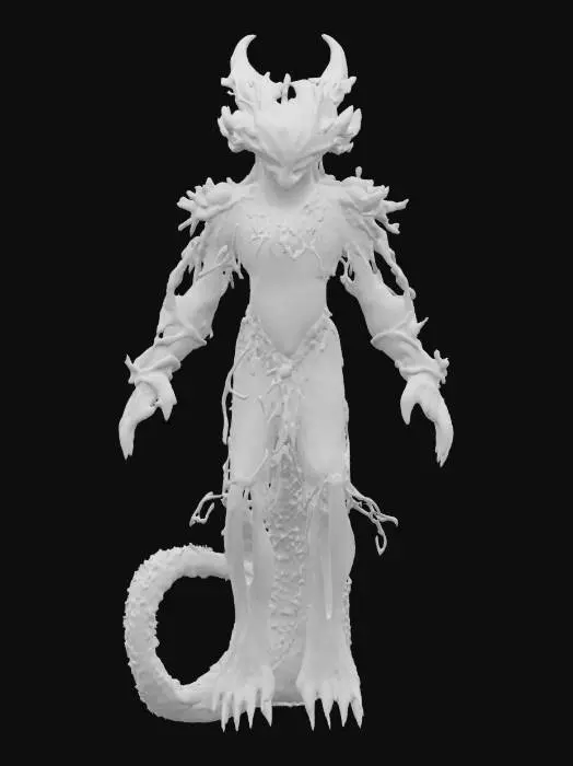 3D model for A majestic oceanic creature humanoid, with translucent blue-green skin that glows faintly like bioluminescent algae. Its body is slender and elegant, with long flowing fins instead of hair, trailing behind like jellyfish tentacles. Its eyes are deep black, resembling the abyssal ocean, and it wears coral armor fused with seashells and barnacles. The creature has webbed hands and feet, and a long fishtail wrapped in glowing kelp strands. Ethereal pearls float around its head like a halo. Fantasy-style, high detail, otherworldly design, aquatic textures., #ocean#