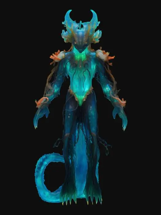 3D model for A majestic oceanic creature humanoid, with translucent blue-green skin that glows faintly like bioluminescent algae. Its body is slender and elegant, with long flowing fins instead of hair, trailing behind like jellyfish tentacles. Its eyes are deep black, resembling the abyssal ocean, and it wears coral armor fused with seashells and barnacles. The creature has webbed hands and feet, and a long fishtail wrapped in glowing kelp strands. Ethereal pearls float around its head like a halo. Fantasy-style, high detail, otherworldly design, aquatic textures., #ocean#