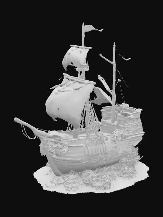 3D model for A small sunken shipwreck resting on the ocean floor, with a broken wooden hull, torn sails tangled in seaweed, and a tilted mast. The ship is encrusted with coral, barnacles, and algae, partially buried in sand. Cracks reveal the interior where gold coins and a rusted compass lie. Fish swim through shattered portholes. Soft blue underwater lighting, realistic textures, fantasy relic style, high detail, cinematic atmosphere.