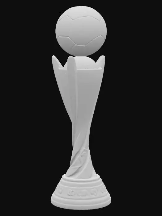 3D model for World Cup trophy — vertical, elongated form with a rounded top resembling a stylized globe held by two abstract human figures. The base is circular and slightly flared. Surface texture is smooth with subtle engraved details. Material is polished gold metal with a glossy, reflective finish.