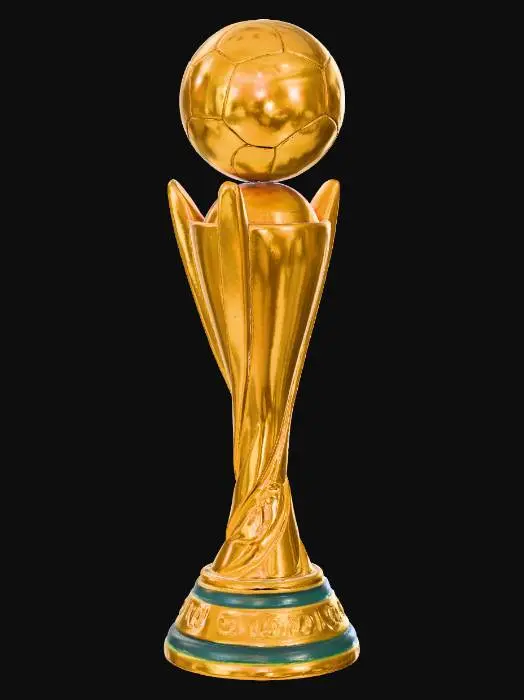 3D model for World Cup trophy — vertical, elongated form with a rounded top resembling a stylized globe held by two abstract human figures. The base is circular and slightly flared. Surface texture is smooth with subtle engraved details. Material is polished gold metal with a glossy, reflective finish.