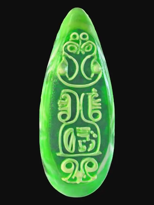 3D model for Fantasy | Jade | Carved | Irregular | Highly Detailed — small ancient object with organic shape, appears to be a mystical talisman or relic. Crafted in green jade with carved symbols and ornamental patterns. Irregular edges and asymmetrical silhouette suggest handmade origin. Rich fantasy aesthetic with intricate surface details.