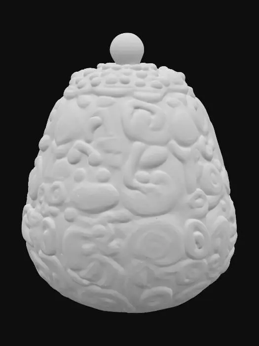 3D model for Fantasy | Jade | Carved | Irregular | Highly Detailed — small ancient object with organic shape, appears to be a mystical talisman or relic. Crafted in green jade with carved symbols and ornamental patterns. Irregular edges and asymmetrical silhouette suggest handmade origin. Rich fantasy aesthetic with intricate surface details.