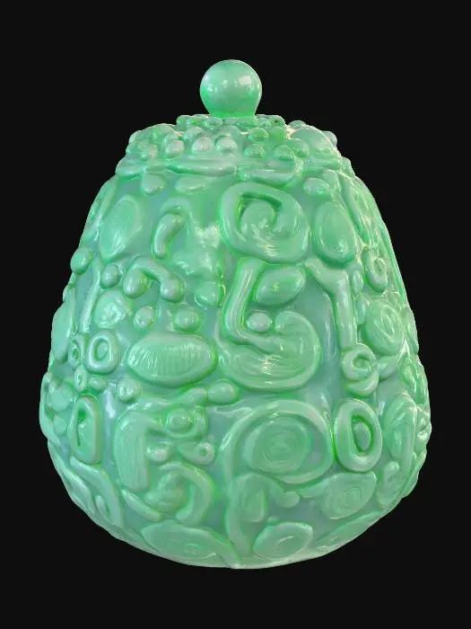 3D model for Fantasy | Jade | Carved | Irregular | Highly Detailed — small ancient object with organic shape, appears to be a mystical talisman or relic. Crafted in green jade with carved symbols and ornamental patterns. Irregular edges and asymmetrical silhouette suggest handmade origin. Rich fantasy aesthetic with intricate surface details.