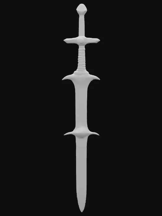 3D model for A massive medieval fantasy sword with a polished steel blade, ornate golden crossguard engraved with sacred patterns, black leather-wrapped handle, subtle wear and tear marks, intricate carvings, ultra realistic PBR textures.