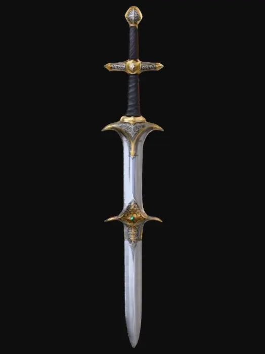 3D model for A massive medieval fantasy sword with a polished steel blade, ornate golden crossguard engraved with sacred patterns, black leather-wrapped handle, subtle wear and tear marks, intricate carvings, ultra realistic PBR textures.