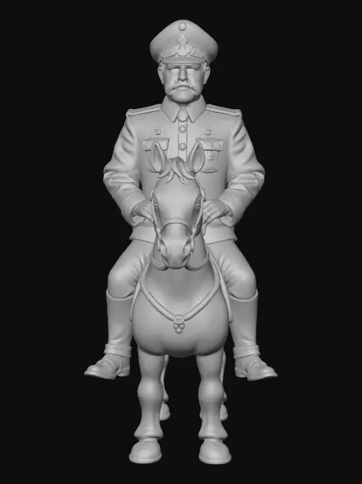 3D model for Photorealistic 3D render of a stern military dictator, wearing a decorated uniform with medals, polished boots, and a peaked cap. He radiates authority and menace, his expression cold and commanding. The absurd twist: he is riding a small children’s toy horse on springs, far too tiny for his imposing figure. The dictator grips the handles with exaggerated seriousness, as if leading an army into battle. Ultra-detailed textures: shiny metal medals, worn fabric, glossy plastic toy horse. Dramatic cinematic lighting enhances the humorous contrast between his fearsome presence and the ridiculous toy mount., #villain#
