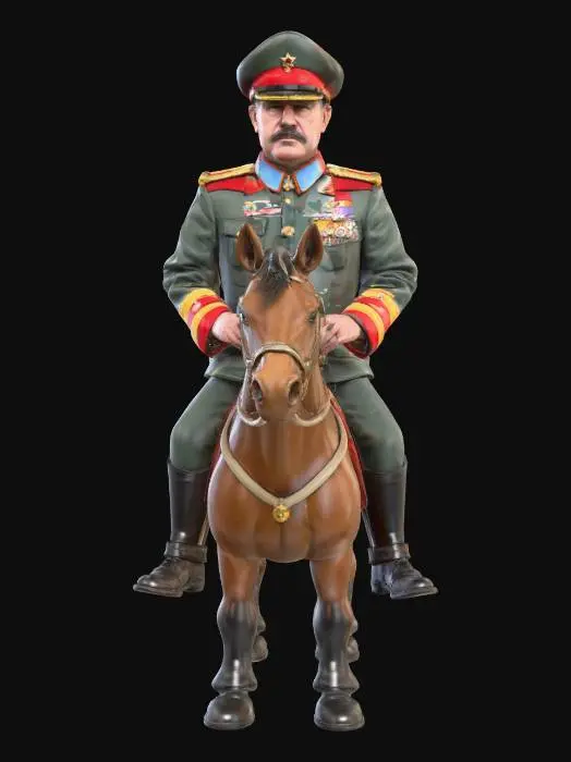 3D model for Photorealistic 3D render of a stern military dictator, wearing a decorated uniform with medals, polished boots, and a peaked cap. He radiates authority and menace, his expression cold and commanding. The absurd twist: he is riding a small children’s toy horse on springs, far too tiny for his imposing figure. The dictator grips the handles with exaggerated seriousness, as if leading an army into battle. Ultra-detailed textures: shiny metal medals, worn fabric, glossy plastic toy horse. Dramatic cinematic lighting enhances the humorous contrast between his fearsome presence and the ridiculous toy mount., #villain#