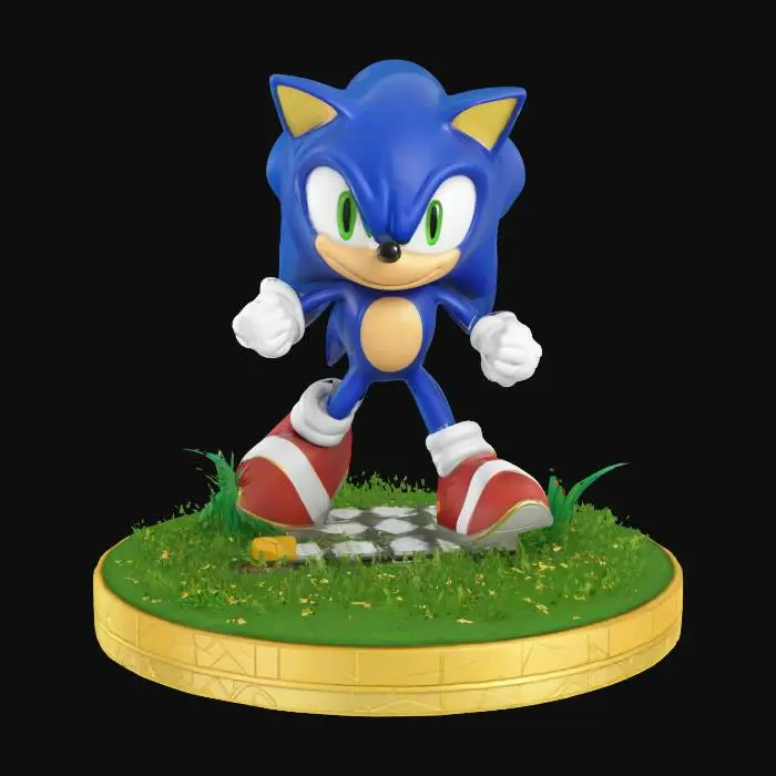 3D model for A collectible figurine of Sonic the Hedgehog. The statue should depict Sonic in a dynamic running pose, with wind-swept quills and a confident expression. He stands on a stylized base shaped like a loop from Green Hill Zone, featuring details like grass, a golden ring, and checkerboard patterns. The model should have clean geometry, ideal for 3D printing, with clear surface details and no floating parts. Style should match the classic Sonic look, colorful but with slight realism in the textures.
