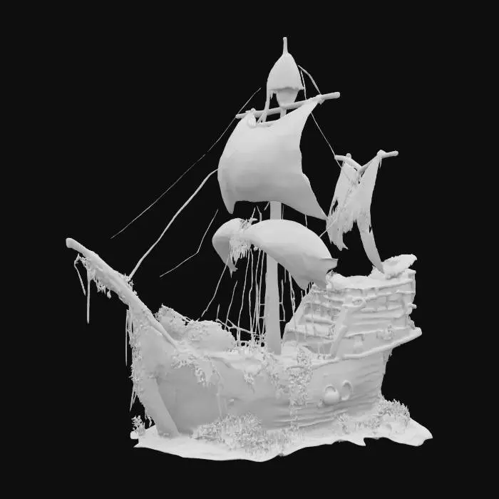 3D model for A small sunken shipwreck resting on the ocean floor, with a broken wooden hull, torn sails tangled in seaweed, and a tilted mast. The ship is encrusted with coral, barnacles, and algae, partially buried in sand. Cracks reveal the interior where gold coins and a rusted compass lie. Fish swim through shattered portholes. Soft blue underwater lighting, realistic textures, fantasy relic style, high detail, cinematic atmosphere.