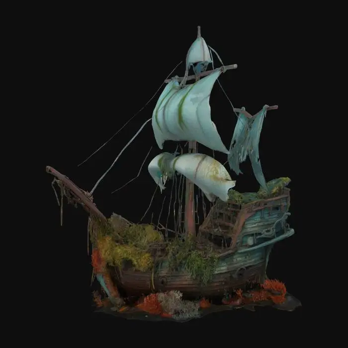 3D model for A small sunken shipwreck resting on the ocean floor, with a broken wooden hull, torn sails tangled in seaweed, and a tilted mast. The ship is encrusted with coral, barnacles, and algae, partially buried in sand. Cracks reveal the interior where gold coins and a rusted compass lie. Fish swim through shattered portholes. Soft blue underwater lighting, realistic textures, fantasy relic style, high detail, cinematic atmosphere.