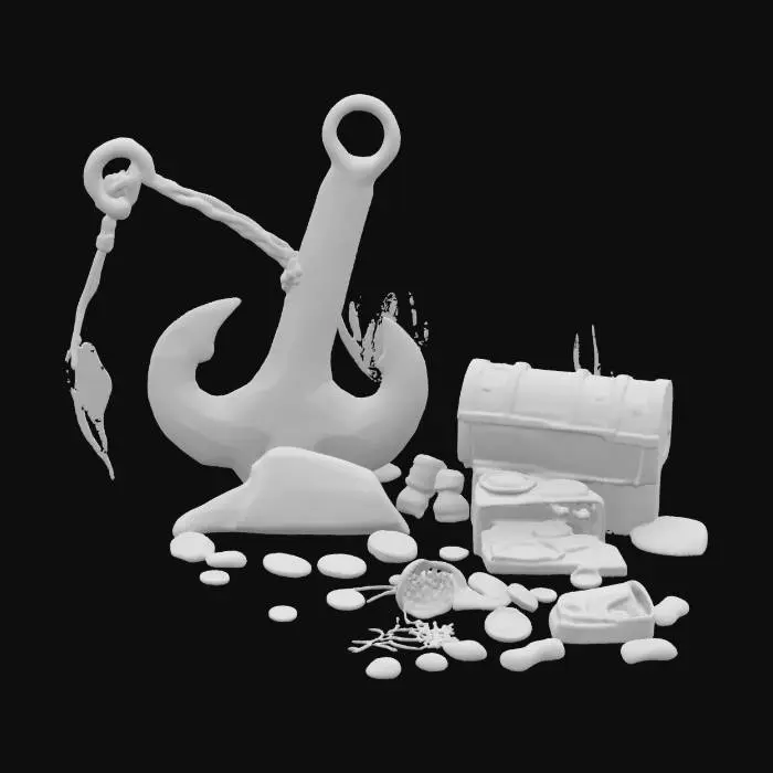 3D model for An ancient rusted anchor lying on the ocean floor, partially buried between large rocks and surrounded by swaying sea plants. Its surface is encrusted with coral, algae, and barnacles. Scattered around the anchor are pirate treasures: gold coins, jeweled rings, and a broken chest spilling pearls. A mysterious glowing blue light shines near the anchor, casting shimmering patterns on the sand and rocks. Realistic underwater setting, fantasy adventure style, high detail, moody and cinematic lighting.