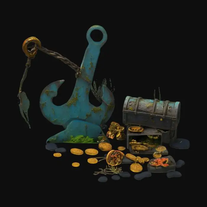 3D model for An ancient rusted anchor lying on the ocean floor, partially buried between large rocks and surrounded by swaying sea plants. Its surface is encrusted with coral, algae, and barnacles. Scattered around the anchor are pirate treasures: gold coins, jeweled rings, and a broken chest spilling pearls. A mysterious glowing blue light shines near the anchor, casting shimmering patterns on the sand and rocks. Realistic underwater setting, fantasy adventure style, high detail, moody and cinematic lighting.