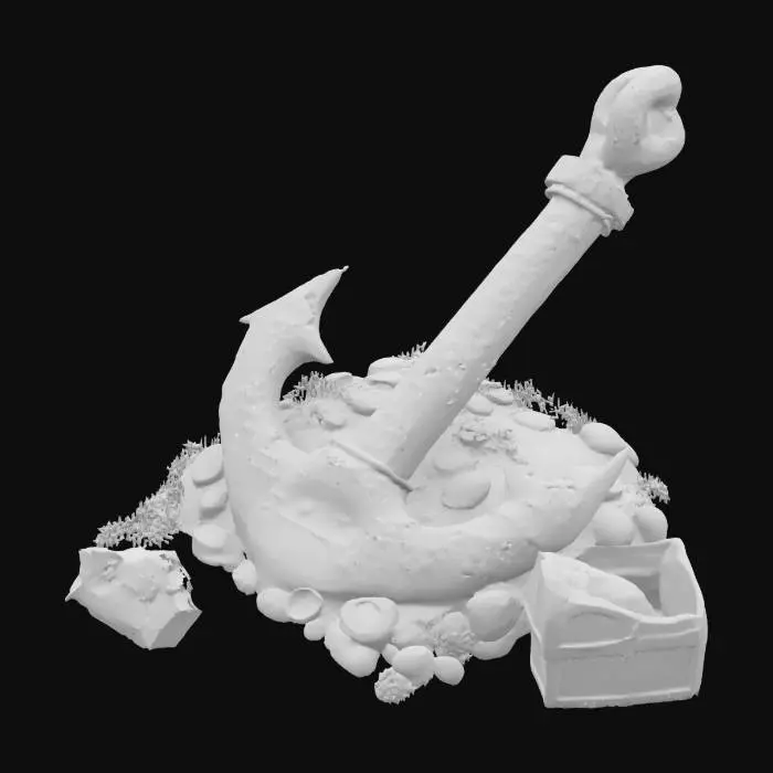 3D model for An ancient rusted anchor lying on the ocean floor, partially buried between large rocks and surrounded by swaying sea plants. Its surface is encrusted with coral, algae, and barnacles. Scattered around the anchor are pirate treasures: gold coins, jeweled rings, and a broken chest spilling pearls. A mysterious glowing blue light shines near the anchor, casting shimmering patterns on the sand and rocks. Realistic underwater setting, fantasy adventure style, high detail, moody and cinematic lighting.