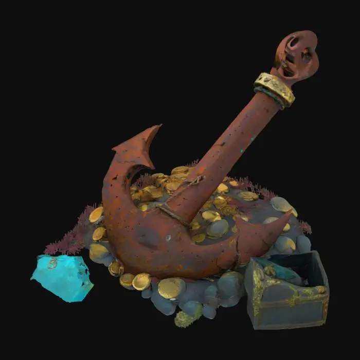 3D model for An ancient rusted anchor lying on the ocean floor, partially buried between large rocks and surrounded by swaying sea plants. Its surface is encrusted with coral, algae, and barnacles. Scattered around the anchor are pirate treasures: gold coins, jeweled rings, and a broken chest spilling pearls. A mysterious glowing blue light shines near the anchor, casting shimmering patterns on the sand and rocks. Realistic underwater setting, fantasy adventure style, high detail, moody and cinematic lighting.