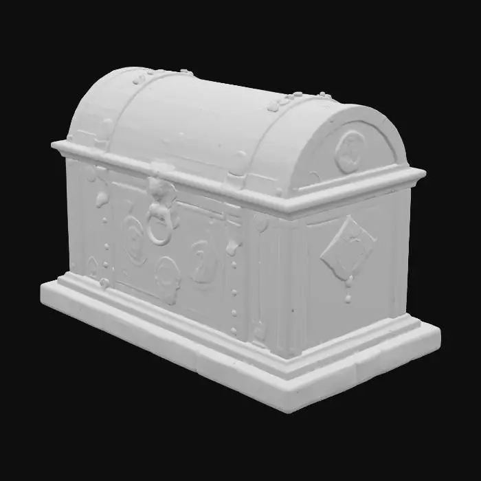 3D model for Medieval | Gold, Leather, Wood, Stone | Carved, Polished, Highly Detailed, Ultra Realistic — ornate medieval reliquary chest with a solid stone base, polished wood panels, and gold inlays. Leather straps secure the structure, with carved heraldic motifs and sacred symbols adorning every surface. Highly detailed hinges and fasteners in aged gold. Ultra realistic material transitions between stone and leather, with a refined medieval aesthetic.