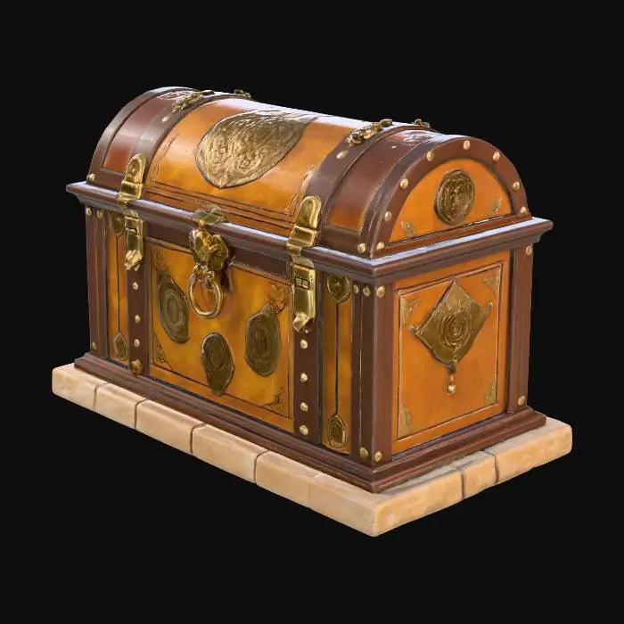 3D model for Medieval | Gold, Leather, Wood, Stone | Carved, Polished, Highly Detailed, Ultra Realistic — ornate medieval reliquary chest with a solid stone base, polished wood panels, and gold inlays. Leather straps secure the structure, with carved heraldic motifs and sacred symbols adorning every surface. Highly detailed hinges and fasteners in aged gold. Ultra realistic material transitions between stone and leather, with a refined medieval aesthetic.