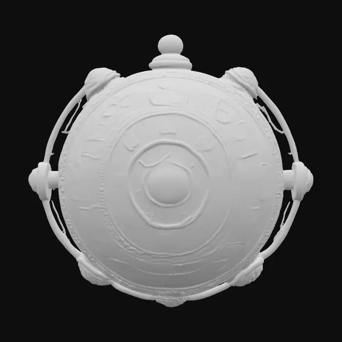 3D model for Fantasy, Steampunk, Medieval. Gold, Jade, Crystal. Carved, Polished, Highly Detailed, Ultra Realistic. An ancient floating orb of power, made from polished gold and carved jade plates, with glowing crystal shards suspended around it. Intricate engravings cover the surface, depicting mysterious runes and celestial symbols. Small rotating golden rings orbit the orb, with thin chains and miniature gears connecting them. The crystal shards emit a soft ethereal glow, giving the object a mystical and powerful presence.