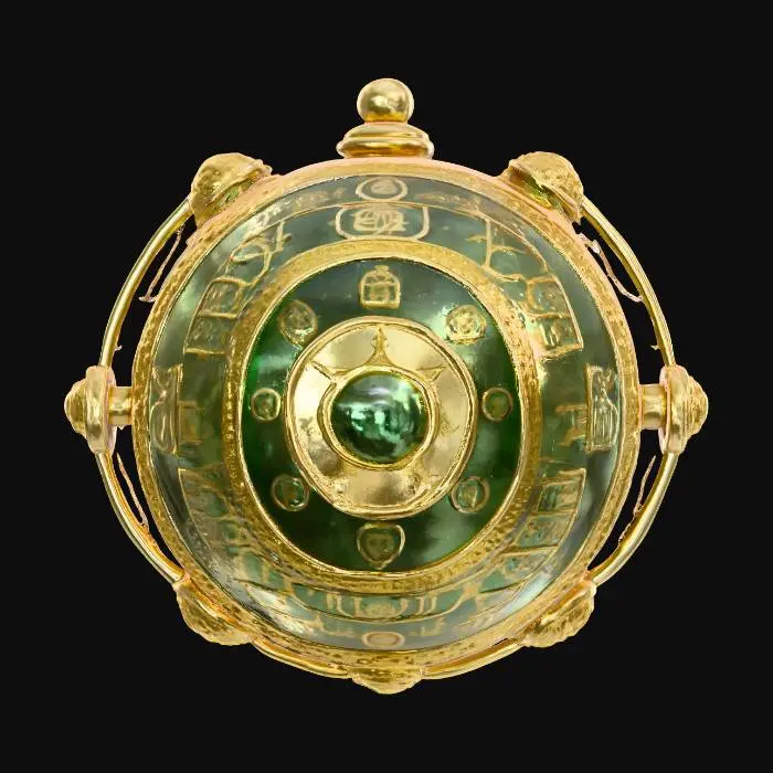 3D model for Fantasy, Steampunk, Medieval. Gold, Jade, Crystal. Carved, Polished, Highly Detailed, Ultra Realistic. An ancient floating orb of power, made from polished gold and carved jade plates, with glowing crystal shards suspended around it. Intricate engravings cover the surface, depicting mysterious runes and celestial symbols. Small rotating golden rings orbit the orb, with thin chains and miniature gears connecting them. The crystal shards emit a soft ethereal glow, giving the object a mystical and powerful presence.