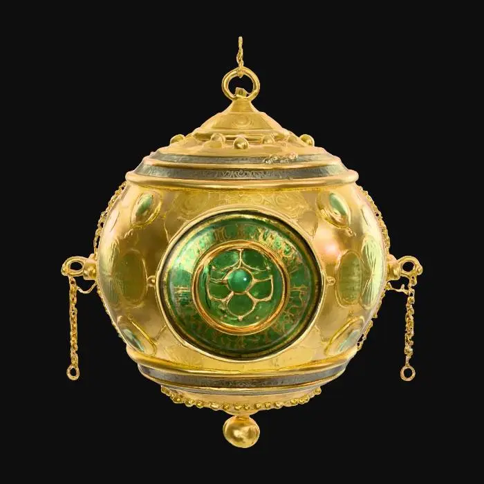 3D model for Fantasy, Steampunk, Medieval. Gold, Jade, Crystal. Carved, Polished, Highly Detailed, Ultra Realistic. An ancient floating orb of power, made from polished gold and carved jade plates, with glowing crystal shards suspended around it. Intricate engravings cover the surface, depicting mysterious runes and celestial symbols. Small rotating golden rings orbit the orb, with thin chains and miniature gears connecting them. The crystal shards emit a soft ethereal glow, giving the object a mystical and powerful presence.