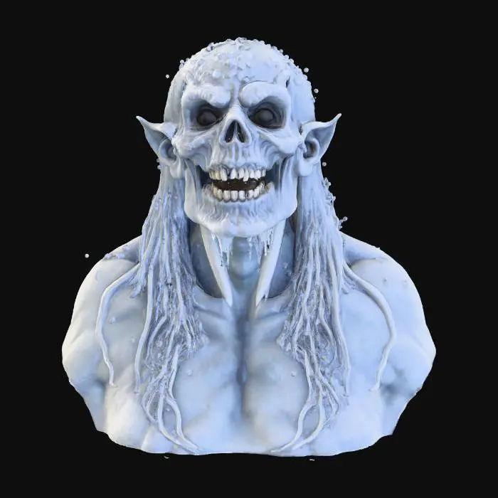 3D model for Frozen demonic face texture — highly detailed icy surface, resembling a bone mask partially buried in snow. The skin has a rough, cracked, and frosted appearance with fine crystalline ice particles covering the surface. Deep wrinkles and sharp contours define the facial structure — prominent brow, hollow eye sockets, skeletal nose, and a wide, sinister grin with visible teeth. The texture should convey coldness, age, and decay — a mix of frozen stone and weathered flesh, with subtle bluish-gray tones and icy white highlights. Realistic frost buildup and snow residue enhance the chilling, ancient, and eerie look., #Halloween2025#