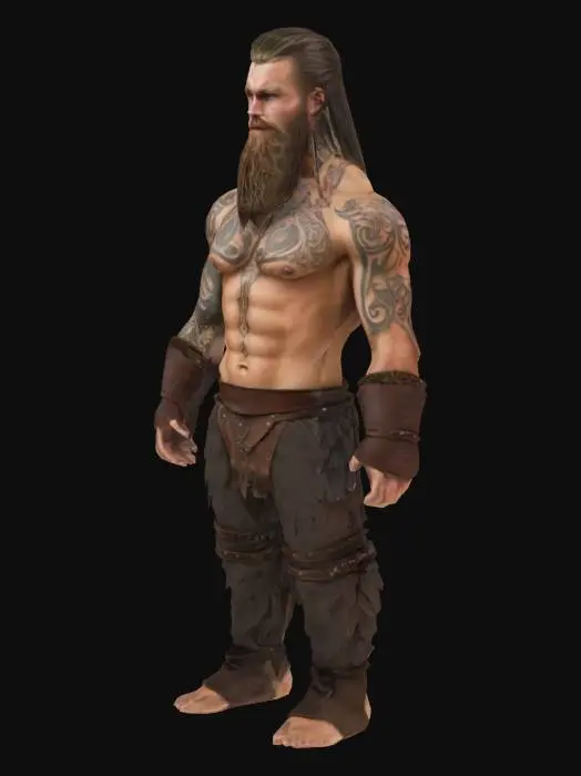 3D model for Make a shirtless viking with no shirt or cape that has tatoos over his body and a very clear and detailed face in a standard t pose