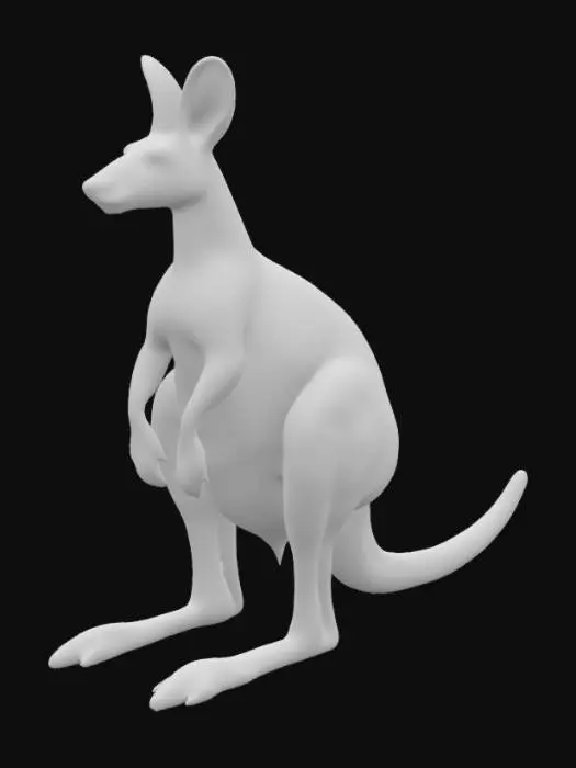 3D model for Ultra-realistic 3D model of an Australian kangaroo (Macropus species), full-body, in a neutral, symmetrical standing pose — upright on hind legs with tail resting for balance and arms relaxed. Anatomically accurate body proportions, including powerful hind legs, long muscular tail, defined forearms, and characteristic head shape with ears upright. True-to-life fur texture and natural coloration — soft brown to grayish coat with slight tonal variation across the body. High-resolution surface details including fur direction, muscle definition, and skin folds. The model must reflect biological realism, symmetry, and be suitable for close-up rendering in realistic lighting conditions. No stylization or exaggeration